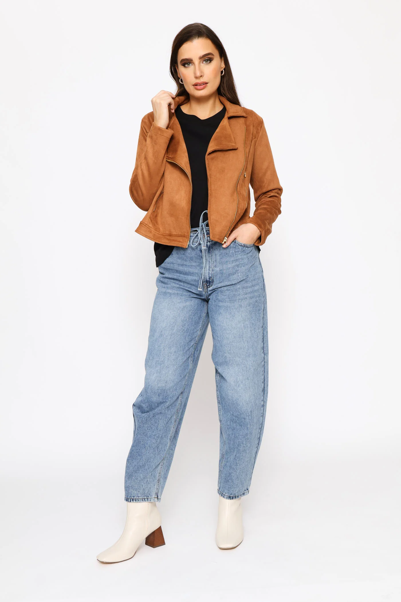Zip Detail Suede Biker Jacket - Cognac - Image 6